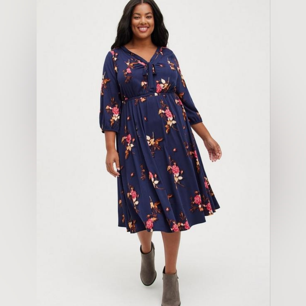 Torrid Midi Stretch Challis Tie Neck Dress